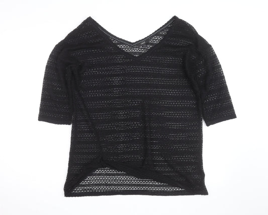 Next Womens Black V-Neck Knit Jumper Size 12 Lightweight Crochet Style