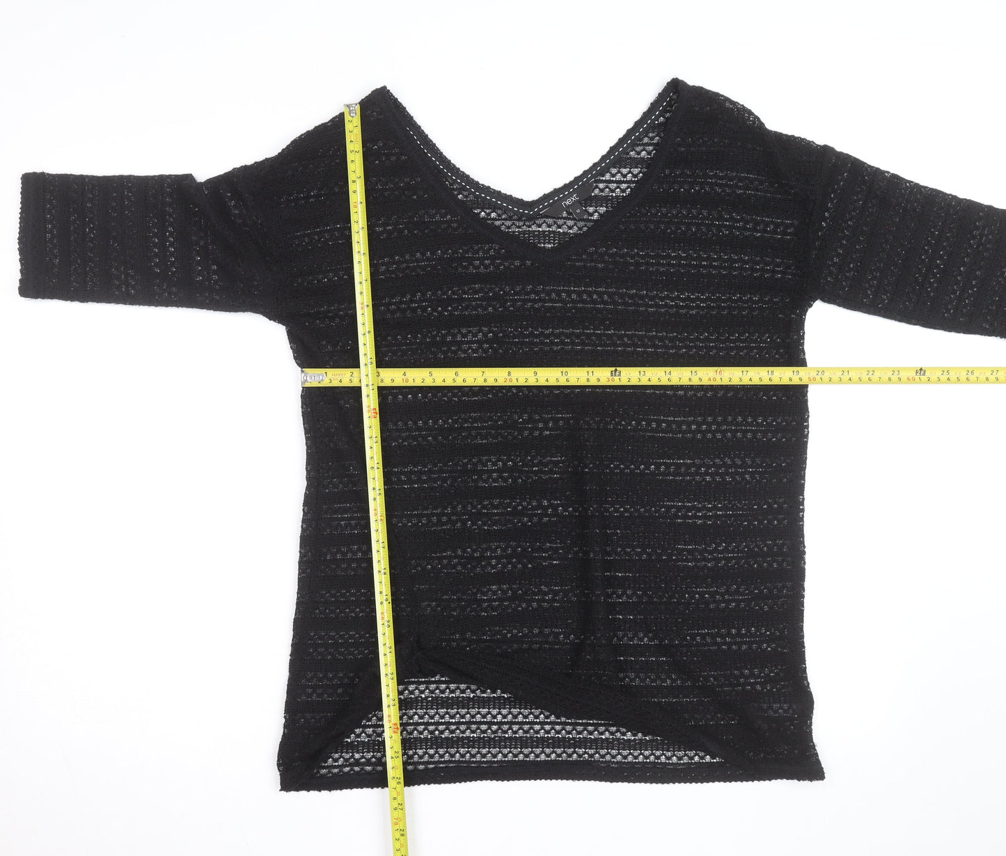 Next Womens Black V-Neck Knit Jumper Size 12 Lightweight Crochet Style