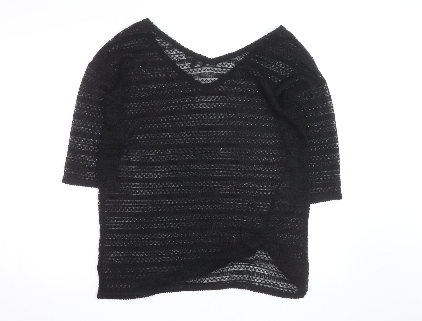 Next Womens Black V-Neck Knit Jumper Size 12 Lightweight Crochet Style