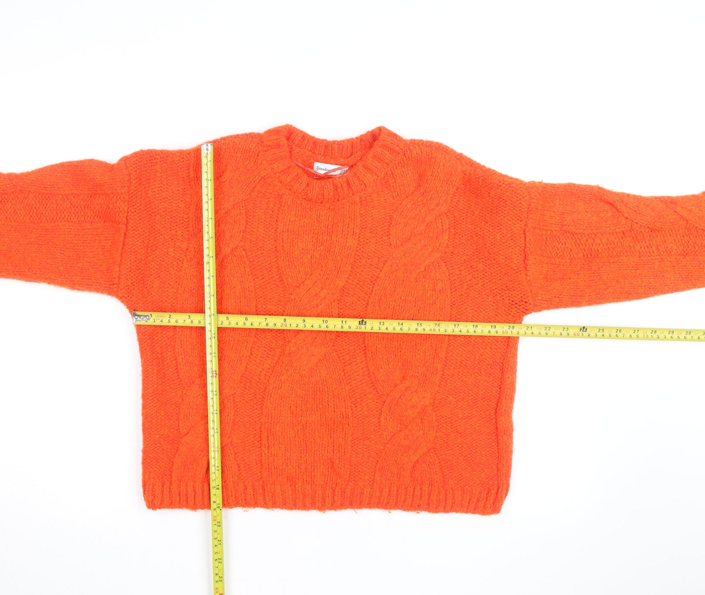 Stradivarius Women Orange Cable-Knit Crew Neck Jumper Size 8