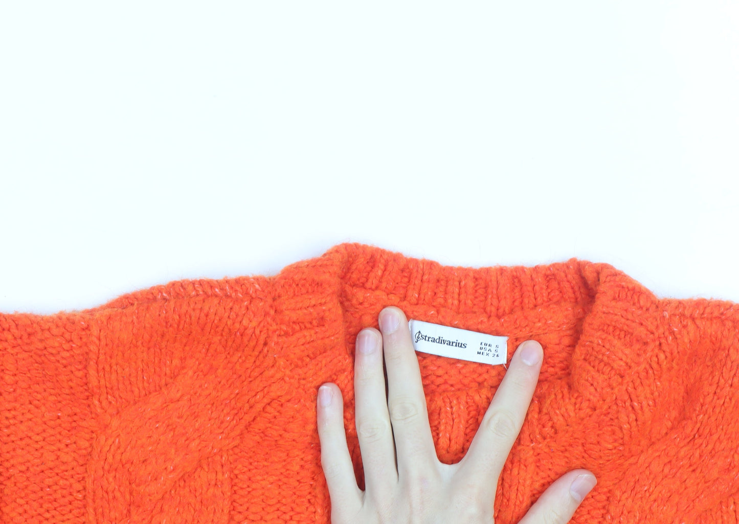 Stradivarius Women Orange Cable-Knit Crew Neck Jumper Size 8