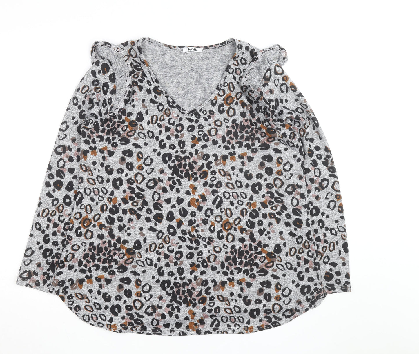 Tilletts Women Grey Animal Print Ruffle Long Sleeve Top Size S