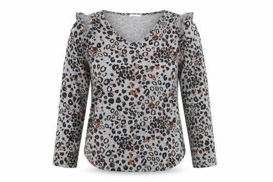 Tilletts Women Grey Animal Print Ruffle Long Sleeve Top Size S