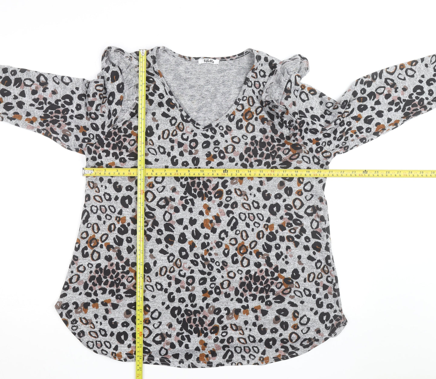 Tilletts Women Grey Animal Print Ruffle Long Sleeve Top Size S