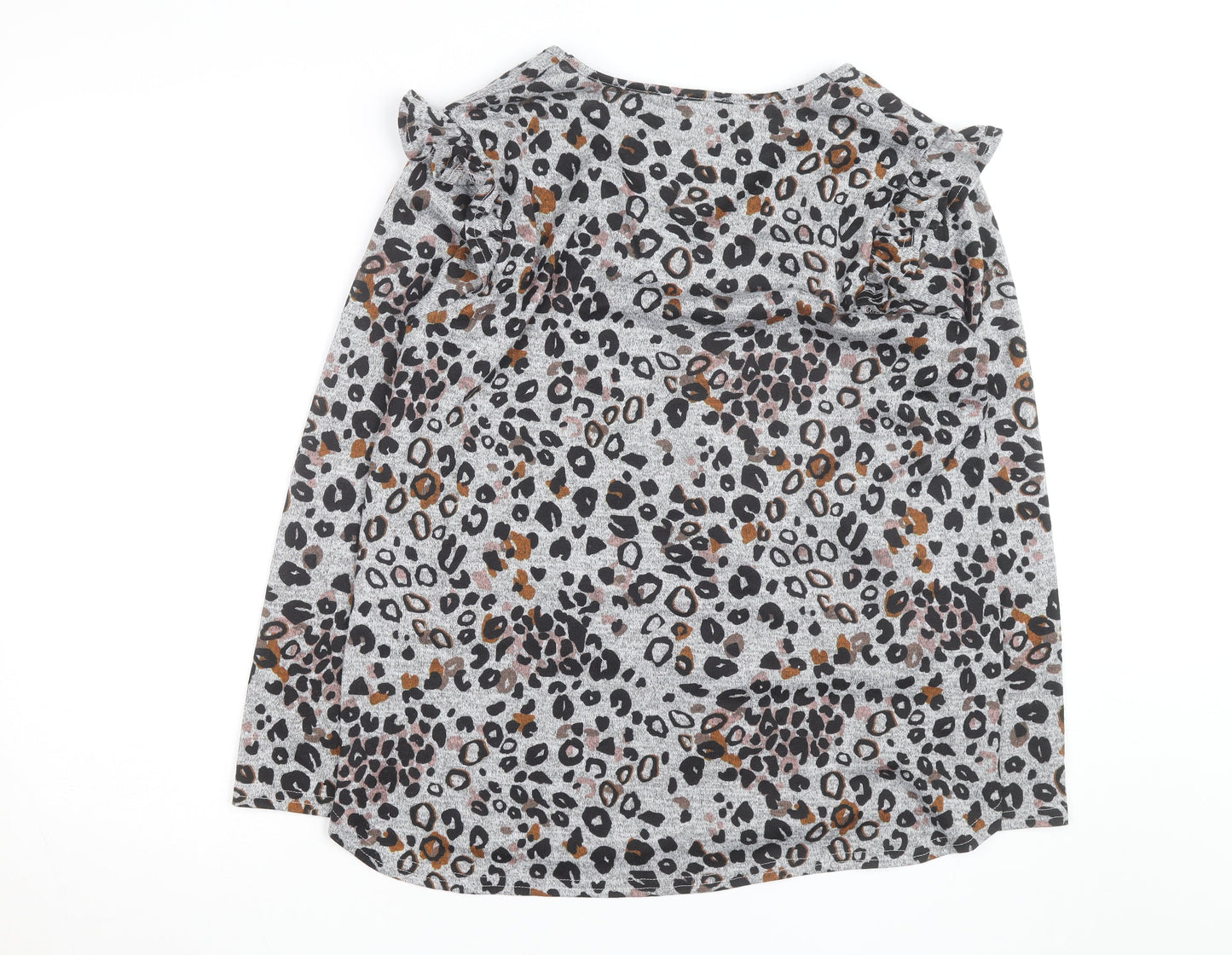 Tilletts Women Grey Animal Print Ruffle Long Sleeve Top Size S
