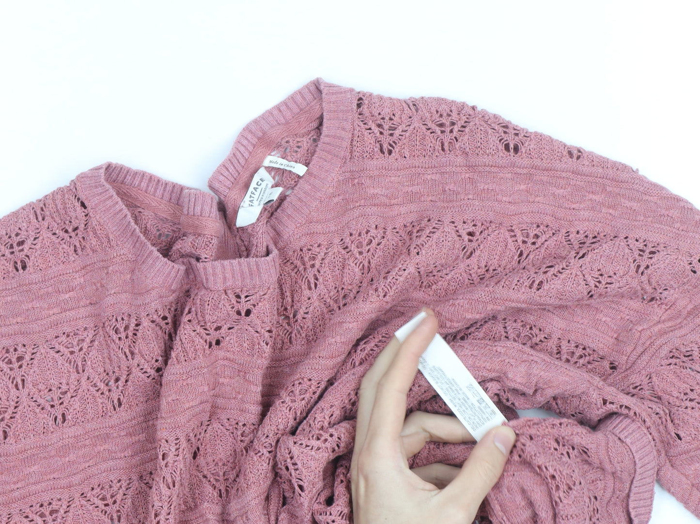 FatFace Women's Pink Open-Knit 3/4 Sleeve Cotton Cardigan Size 12