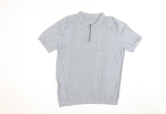 Tu Men Grey Cotton Blend Short Sleeve Zip Collar Polo Shirt L