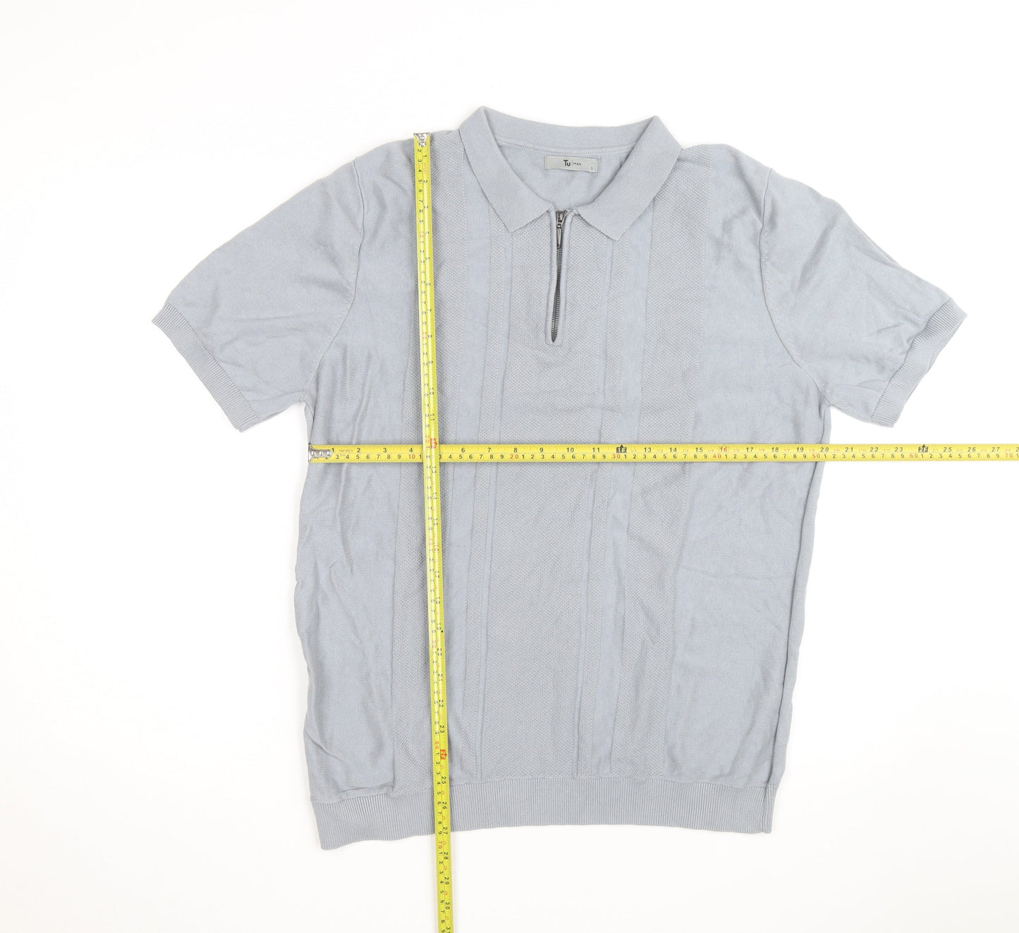 Tu Men Grey Cotton Blend Short Sleeve Zip Collar Polo Shirt L
