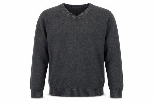 Front view of Maine New England men’s grey cotton v-neck jumper, size S