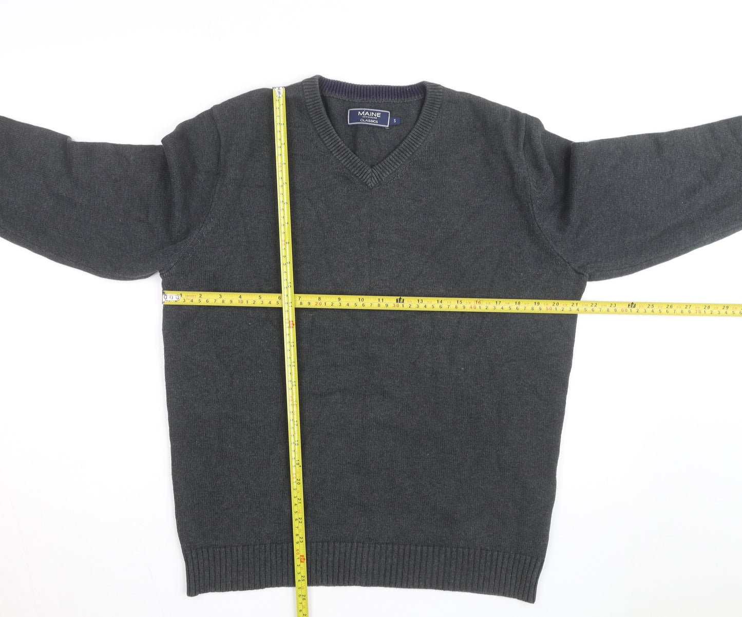 Maine New England Mens Grey Cotton V-Neck Jumper Size S