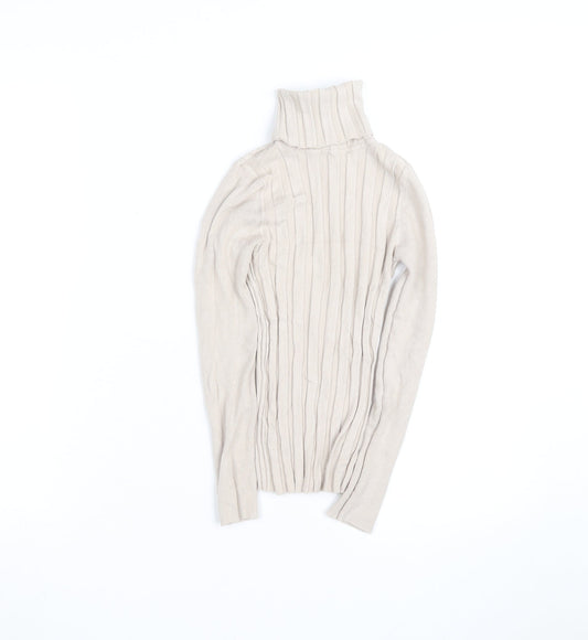 Topshop Women Beige Roll Neck Ribbed Slim Fit Jumper Size 8