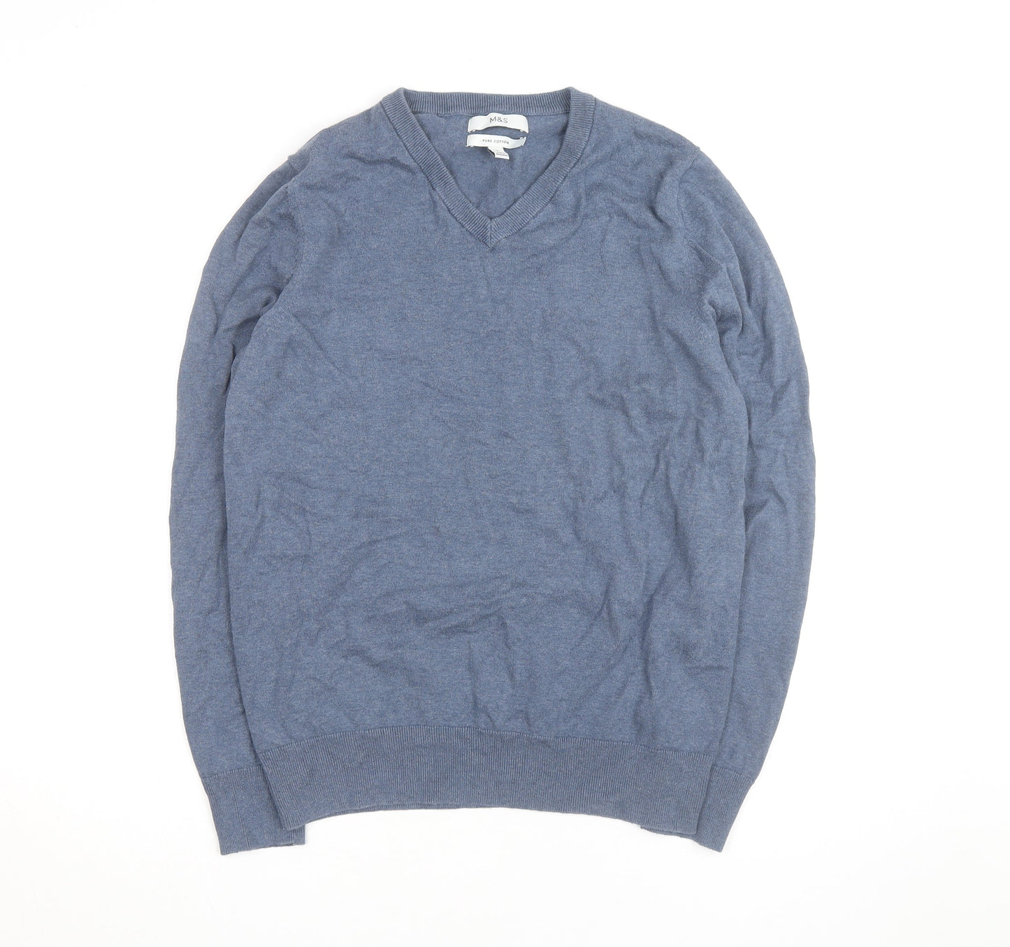 Marks and Spencer Men's Blue Cotton V-Neck Pullover Jumper M