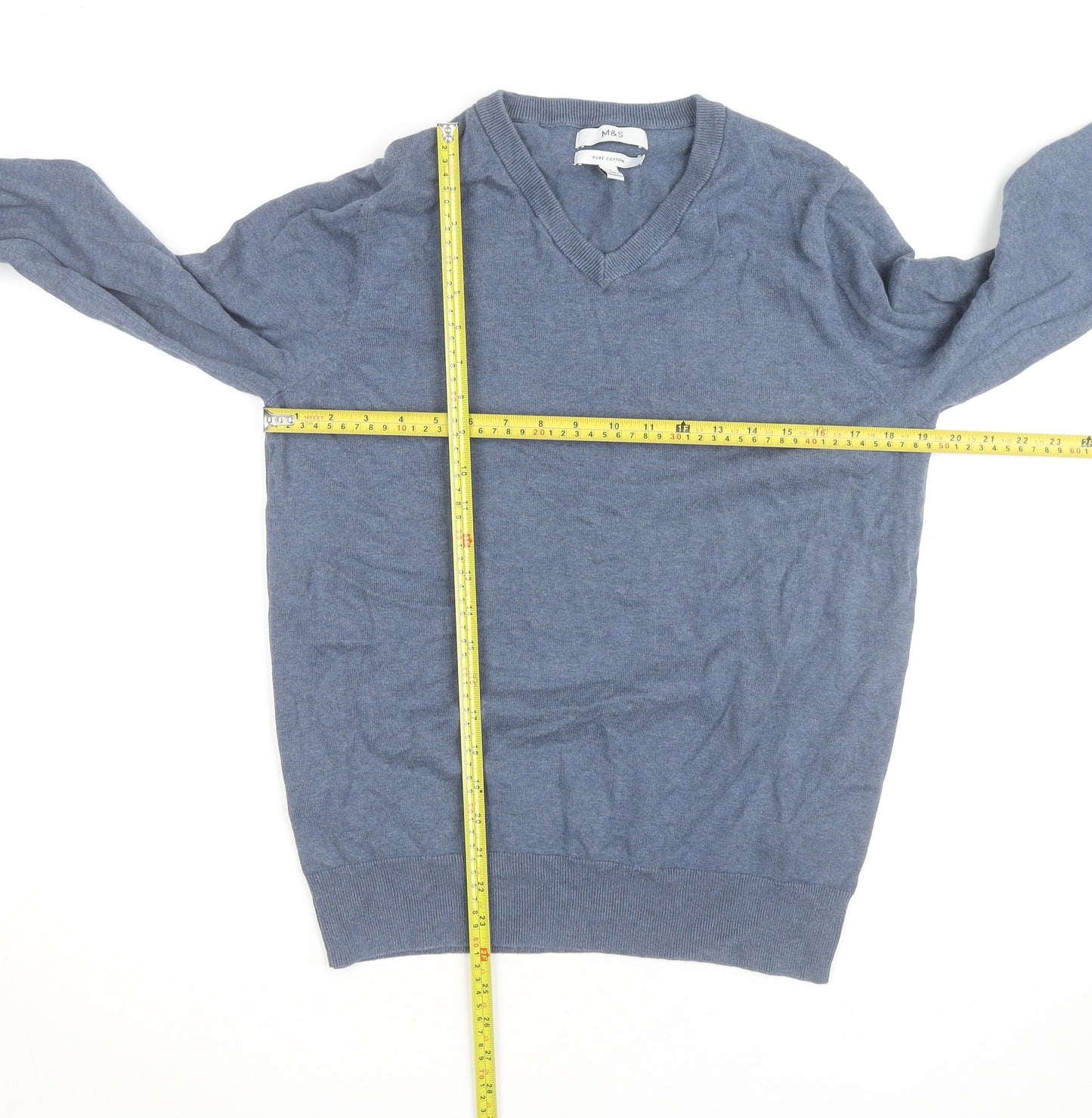 Marks and Spencer Men's Blue Cotton V-Neck Pullover Jumper M