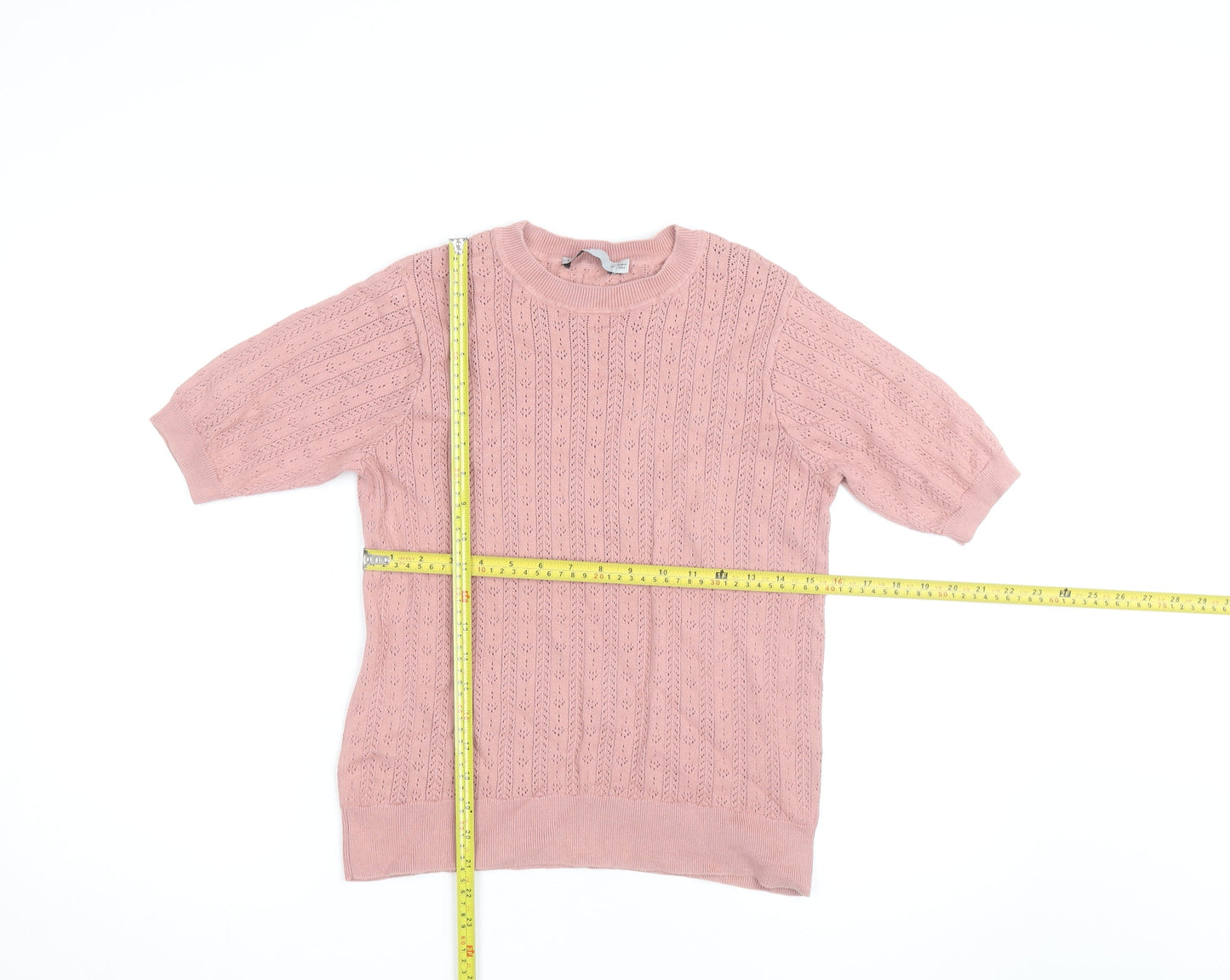 Oasis Women Pink Short Sleeve Cable-Knit Jumper Size M