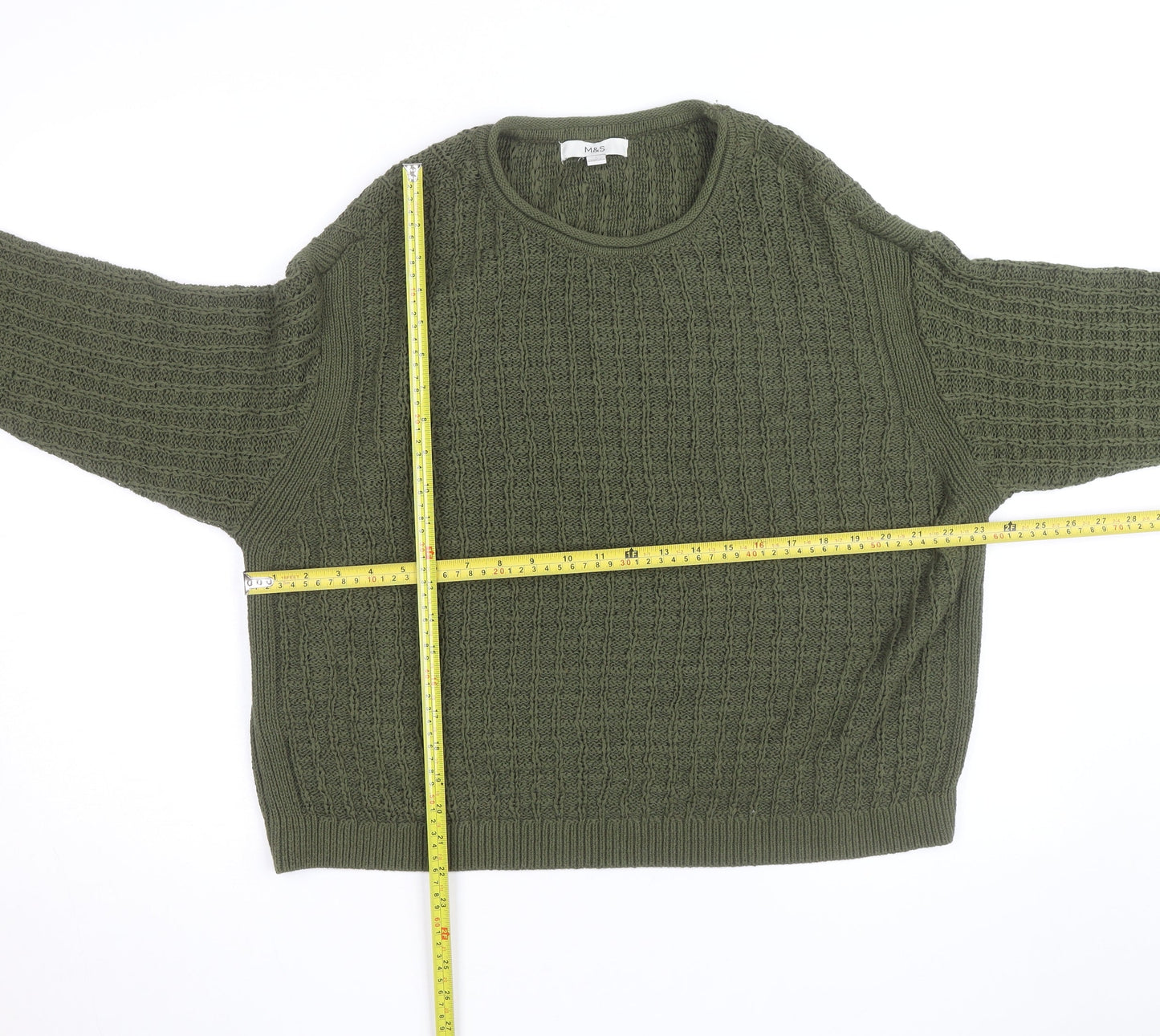 Marks and Spencer Men's Green Cotton Cable Knit Jumper Size L