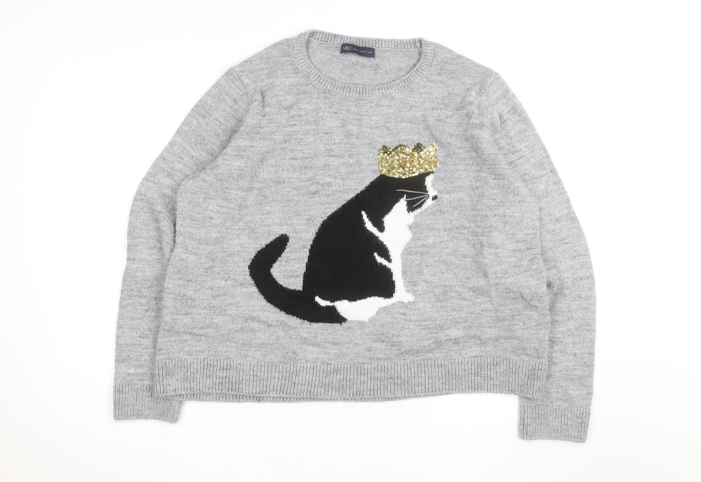 Marks and Spencer Women Grey Cat Sequin Wool Jumper XL