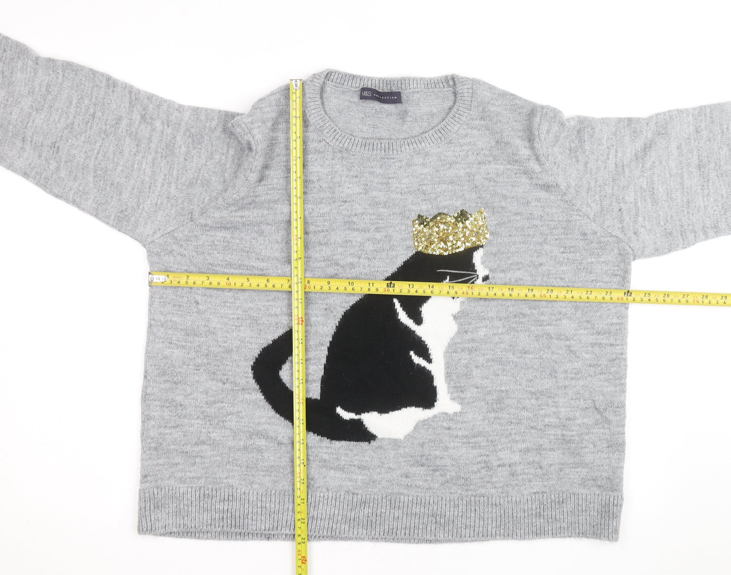 Marks and Spencer Women Grey Cat Sequin Wool Jumper XL