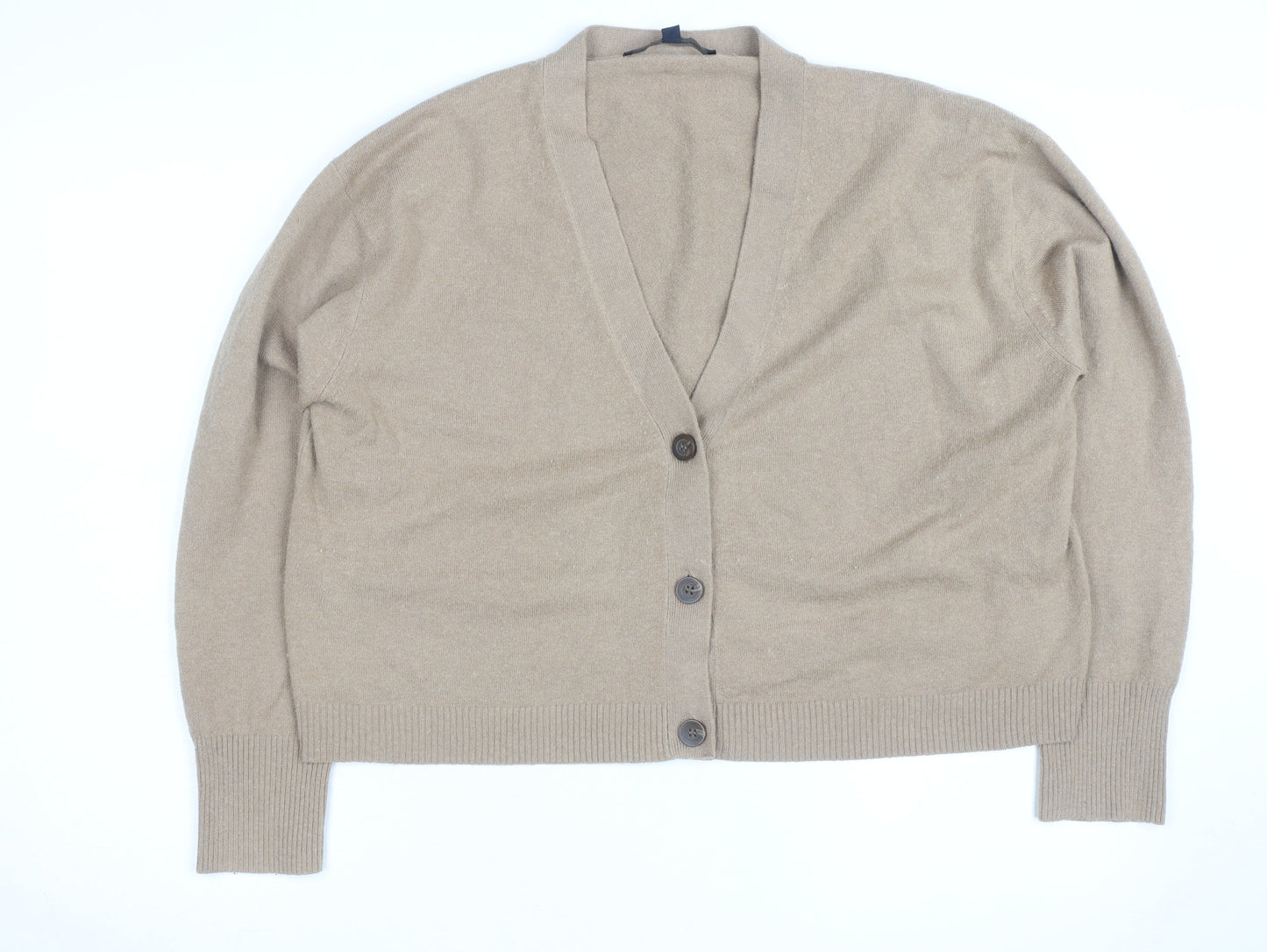 French Connection Women Beige Small V-Neck Wool Cardigan