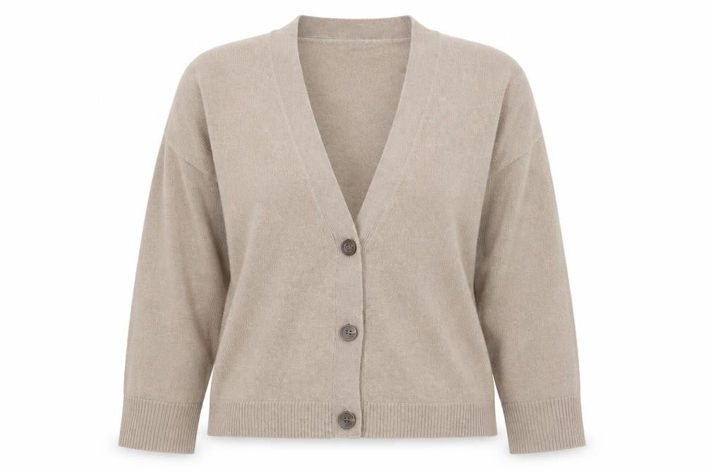 French Connection Women Beige Small V-Neck Wool Cardigan