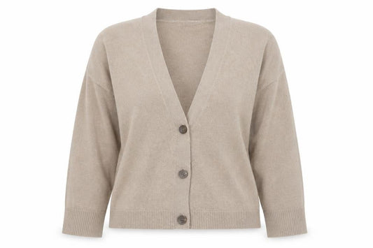 Front view of French Connection Women Beige Small V-Neck Wool Cardigan