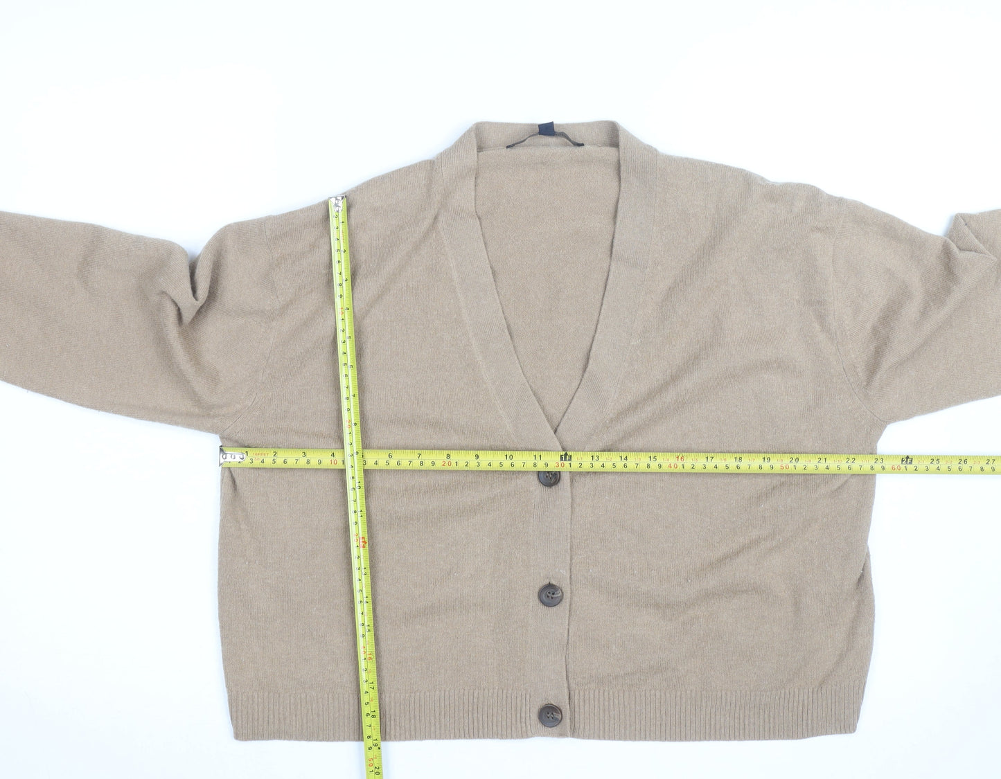 French Connection Women Beige Small V-Neck Wool Cardigan