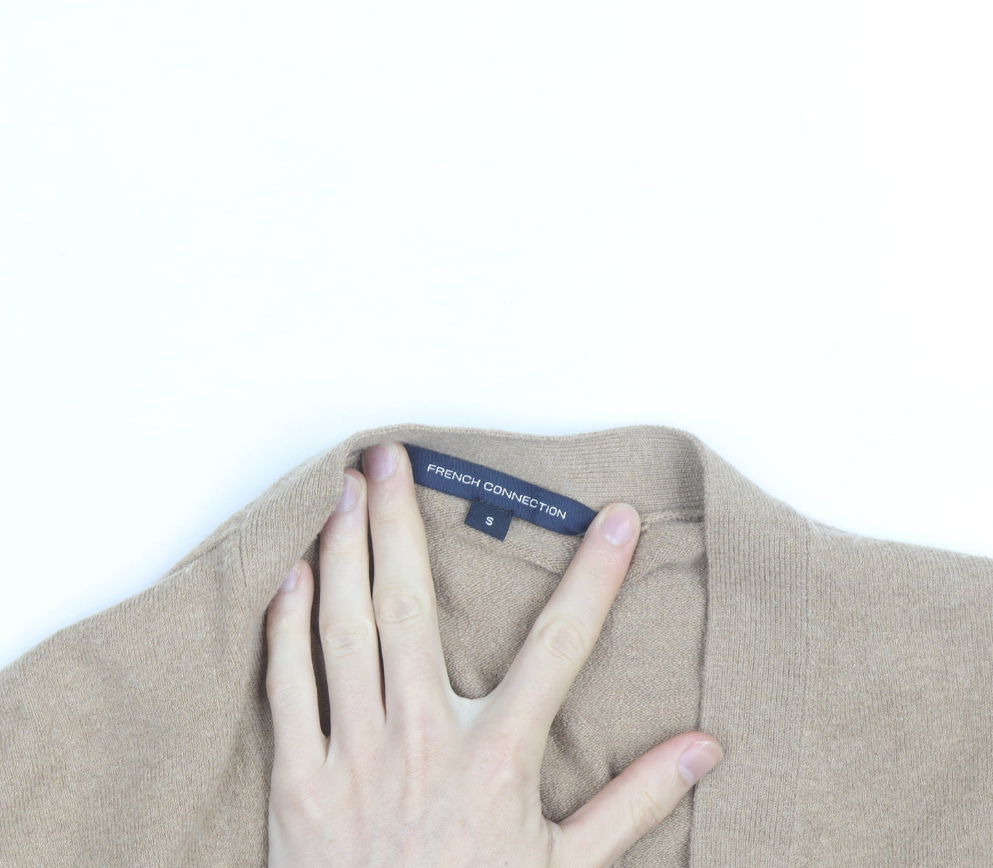 French Connection Women Beige Small V-Neck Wool Cardigan