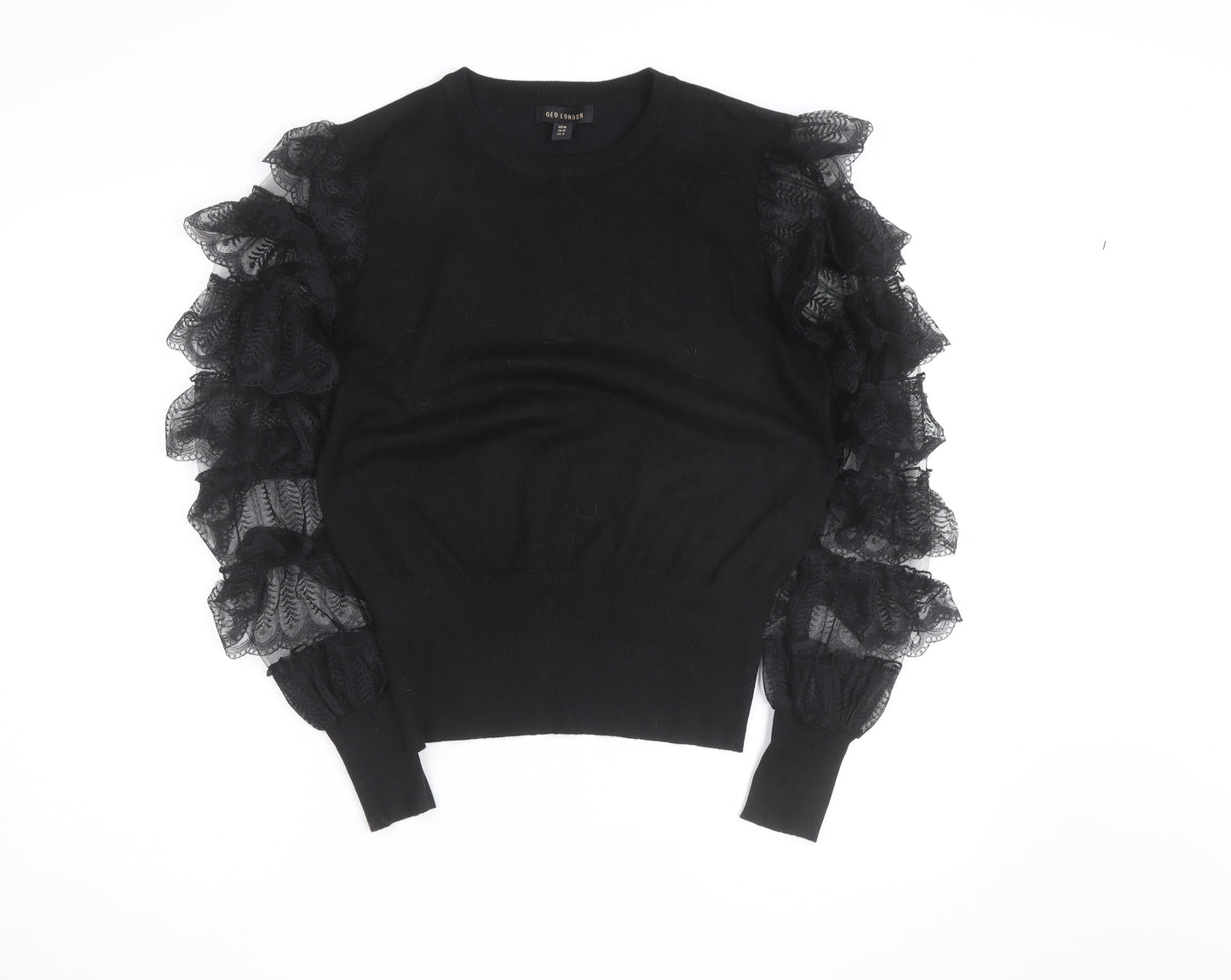 QED London Womens Black Ruffle Sleeve Crew Neck Pullover Jumper Size M