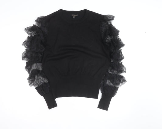 QED London Womens Black Ruffle Sleeve Crew Neck Pullover Jumper Size M