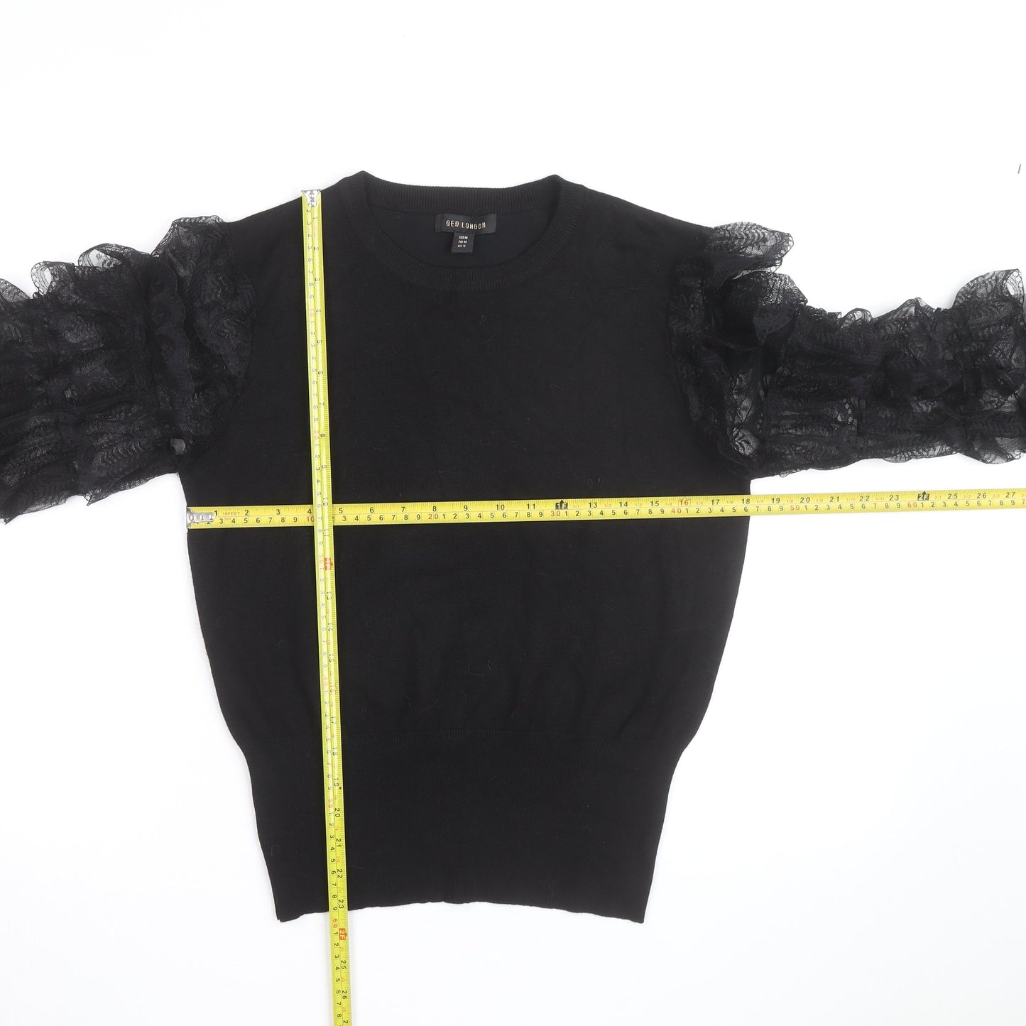 QED London Womens Black Ruffle Sleeve Crew Neck Pullover Jumper Size M