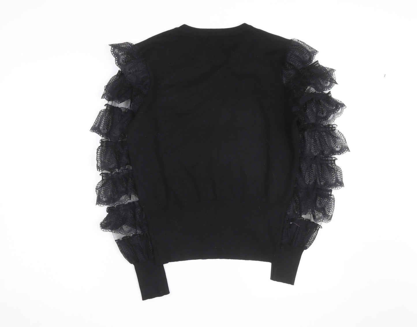 QED London Womens Black Ruffle Sleeve Crew Neck Pullover Jumper Size M