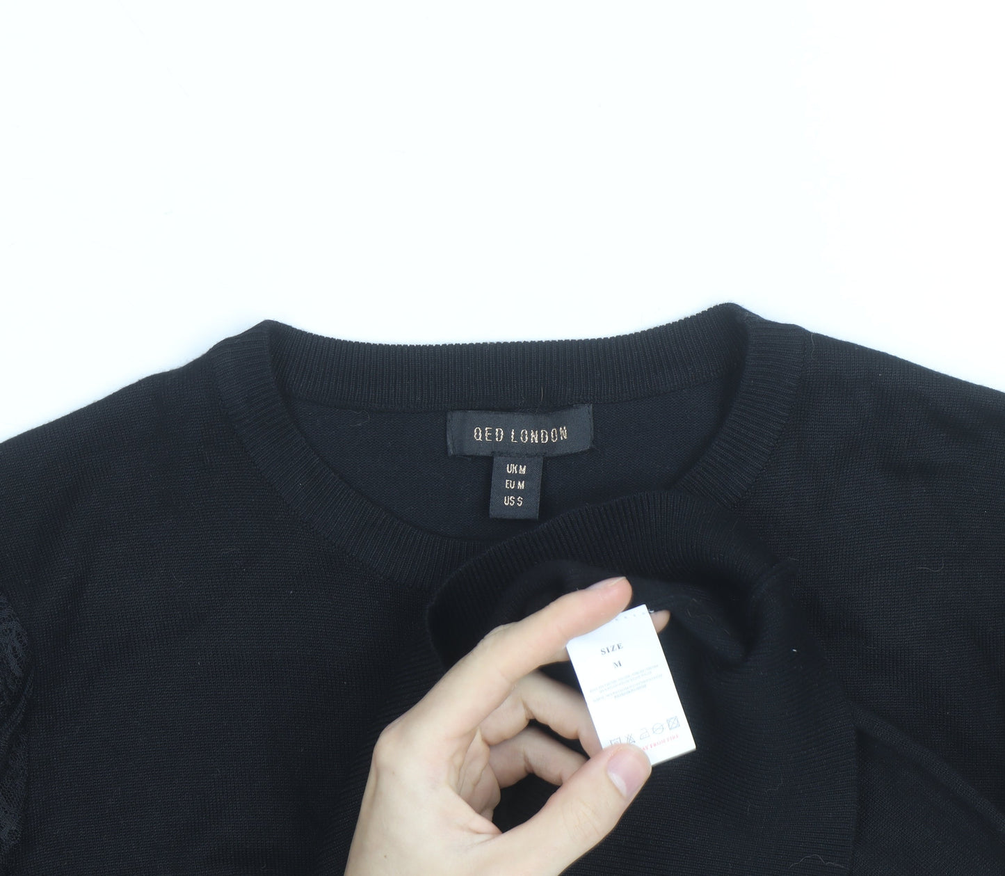 QED London Womens Black Ruffle Sleeve Crew Neck Pullover Jumper Size M