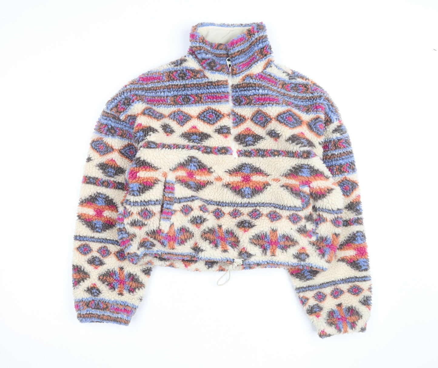 Pull&Bear Women Beige Patterned Fleece 1/2 Zip Pullover Sweatshirt Size S
