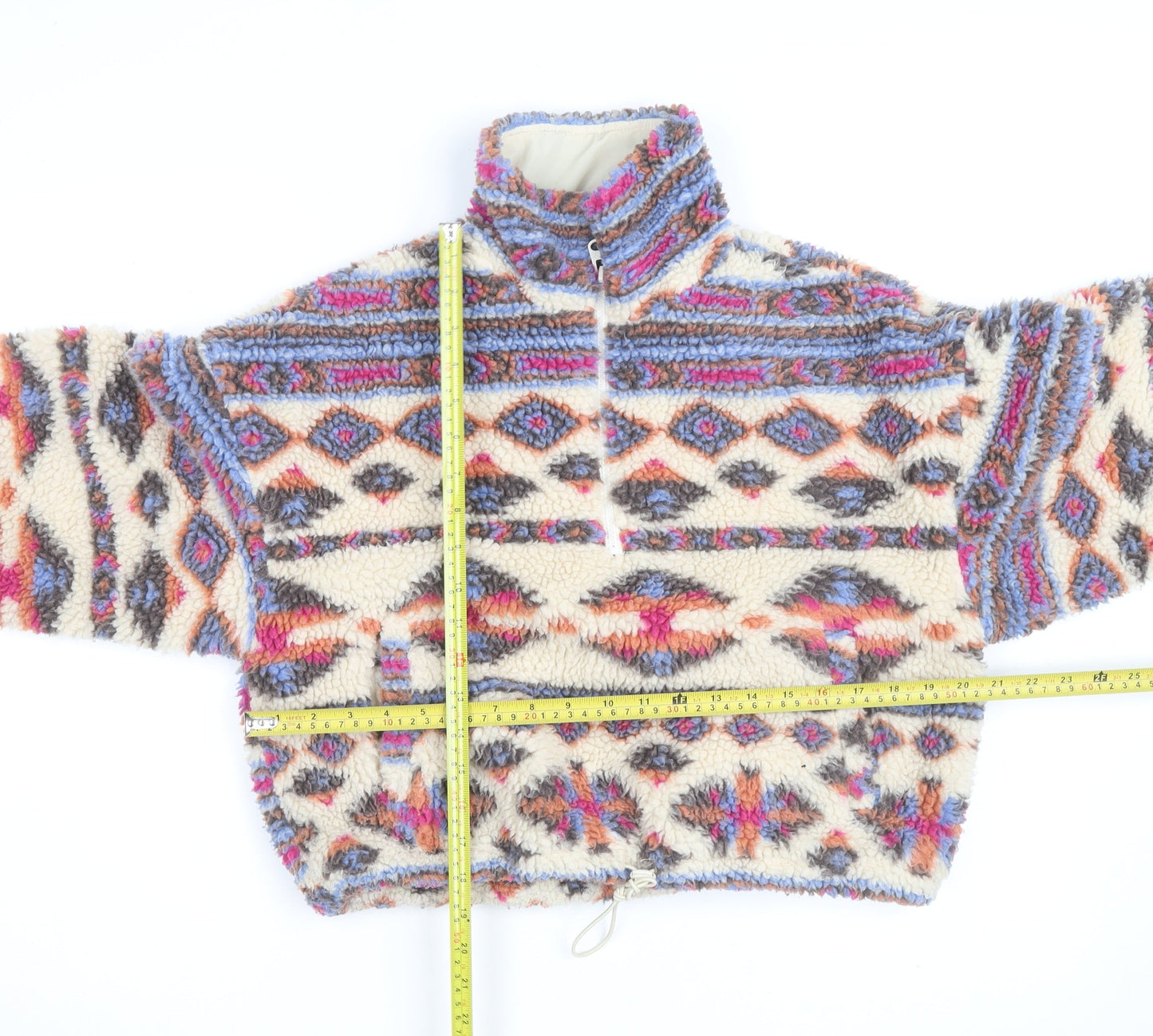 Pull&Bear Women Beige Patterned Fleece 1/2 Zip Pullover Sweatshirt Size S
