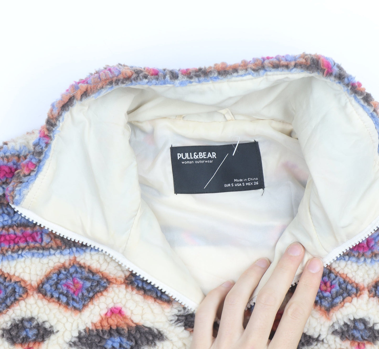 Pull&Bear Women Beige Patterned Fleece 1/2 Zip Pullover Sweatshirt Size S