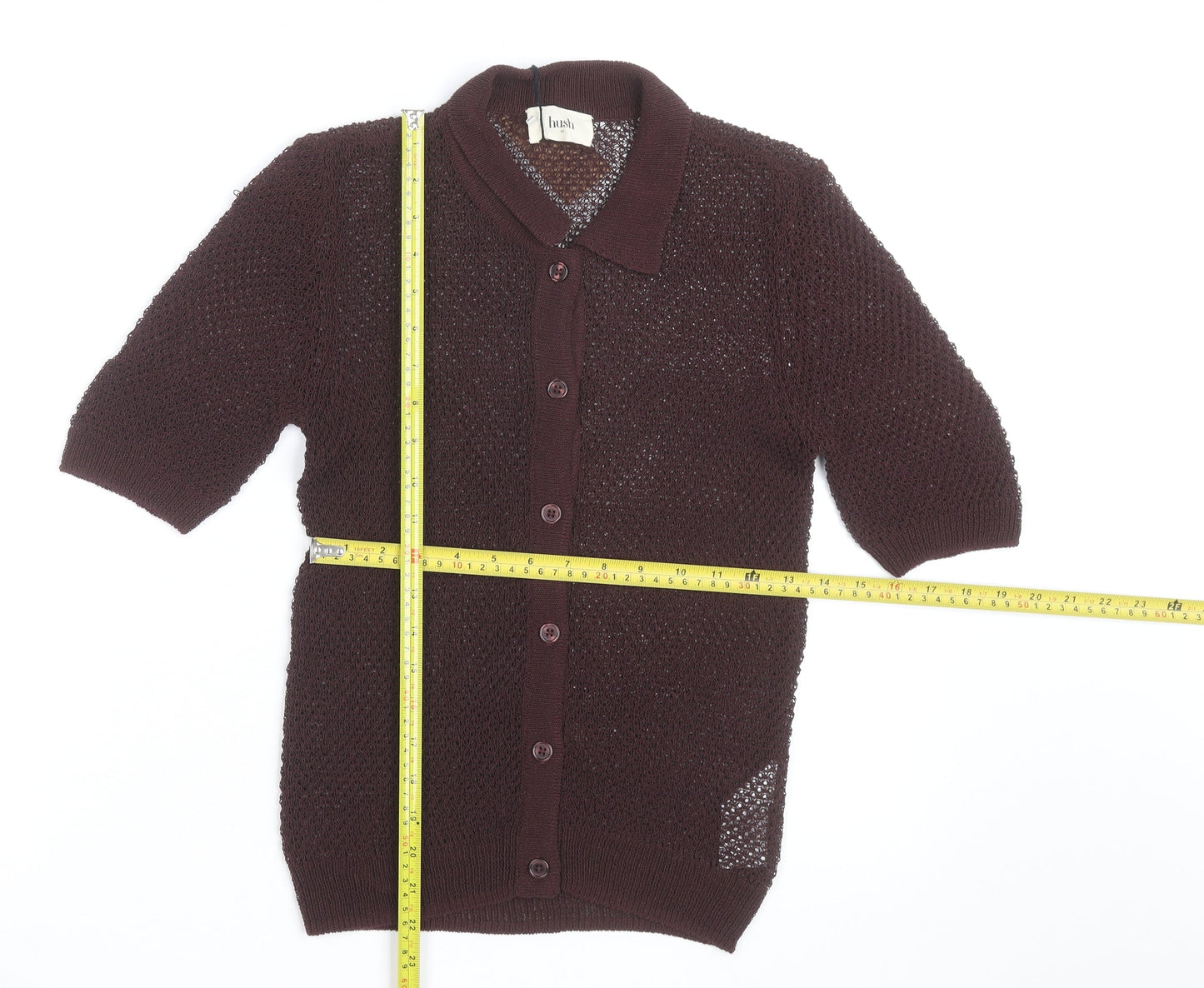 Hush Women’s Brown Collared Open-Knit Short Sleeve Cardigan XS