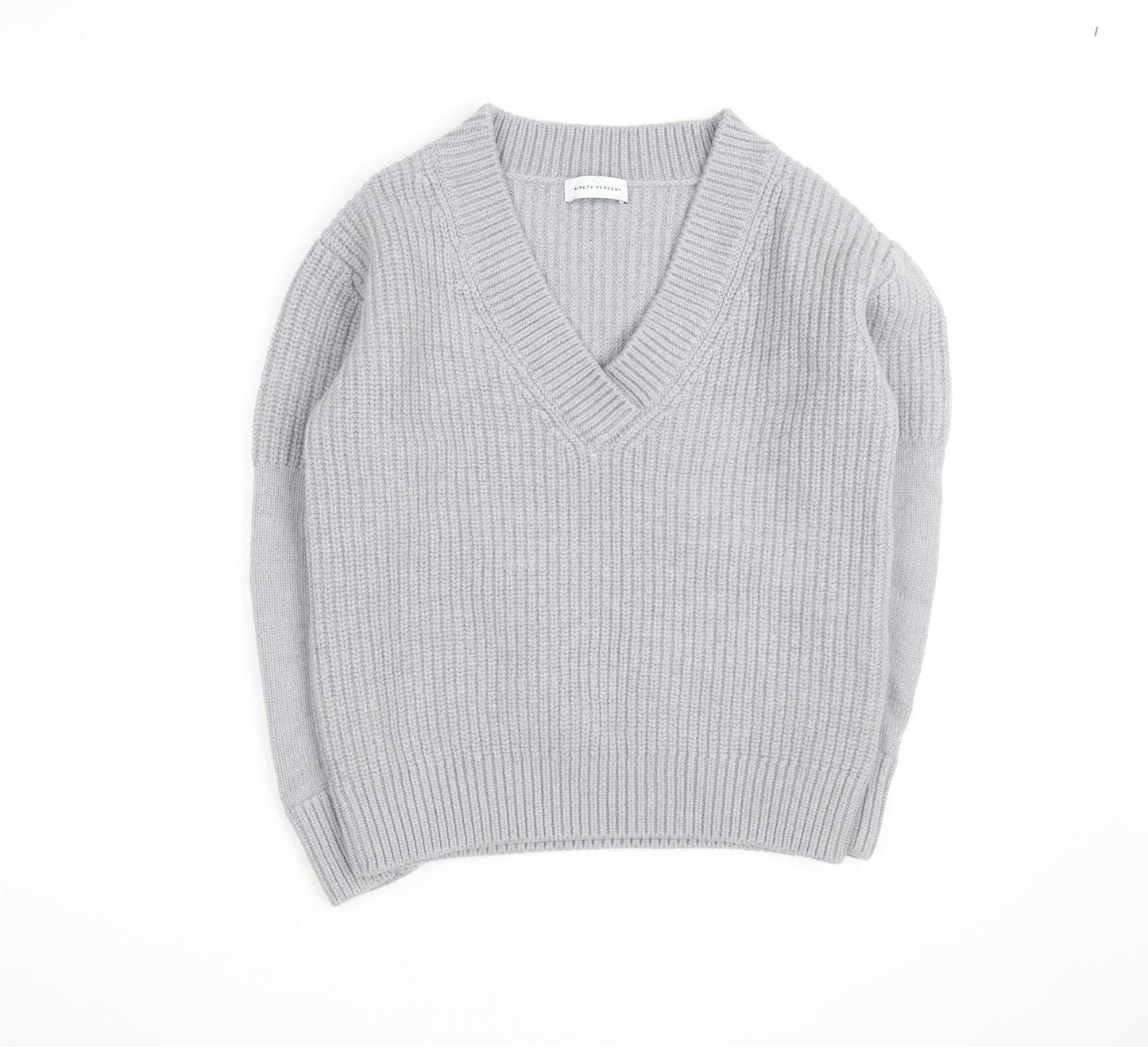 Ninety Percent Men's Grey V-Neck Cotton Cashmere Jumper Size S