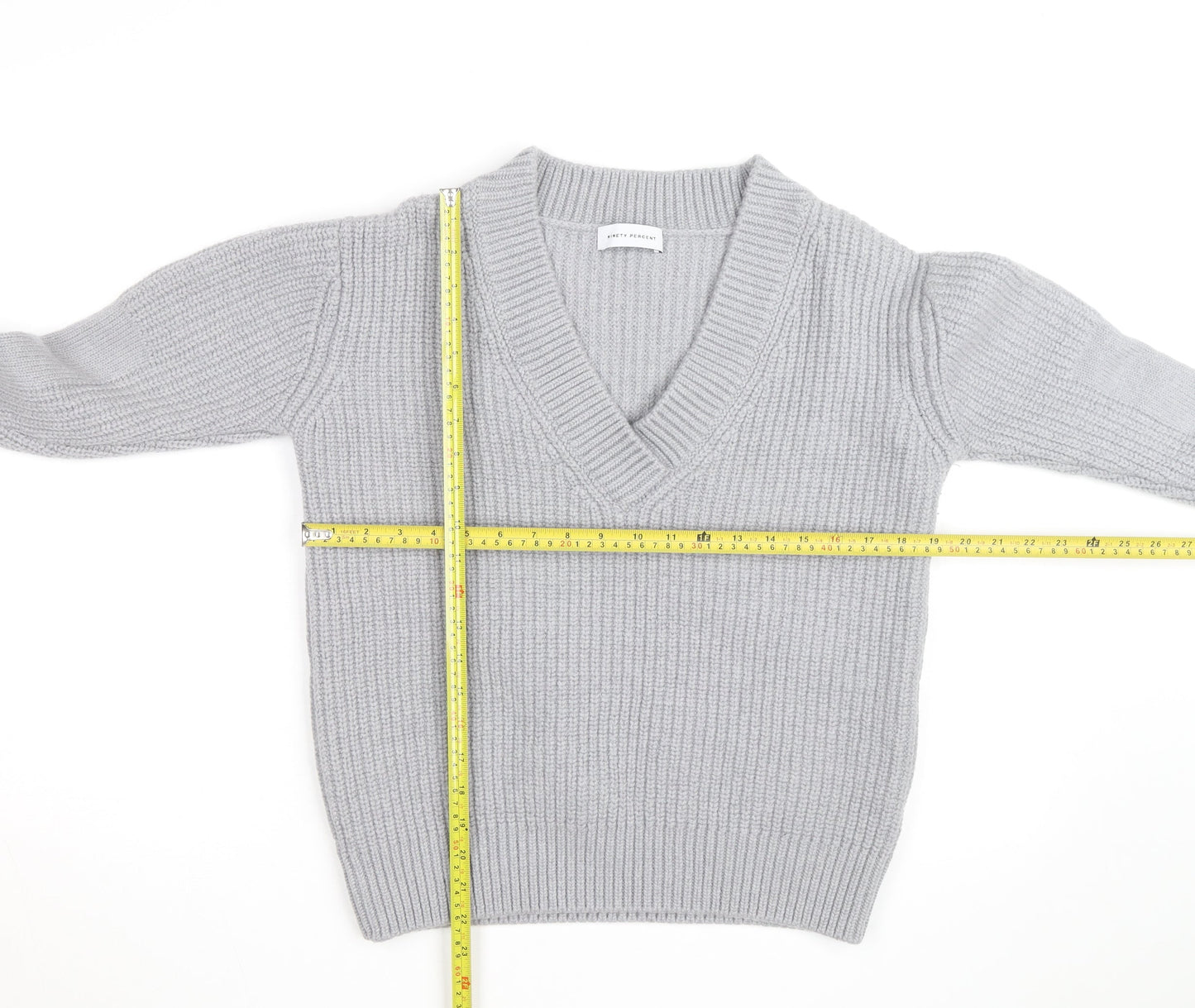 Ninety Percent Men's Grey V-Neck Cotton Cashmere Jumper Size S