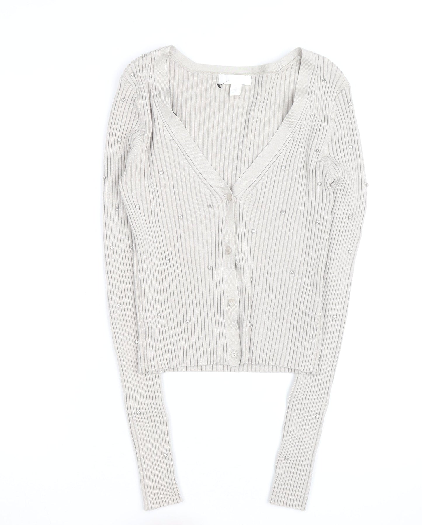 H&M Women’s Beige Beaded Ribbed V-Neck Cardigan Size M