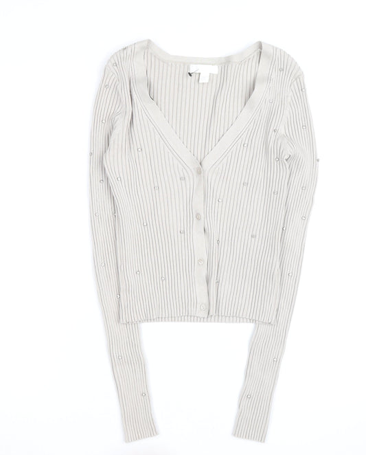 H&M Women’s Beige Beaded Ribbed V-Neck Cardigan Size M