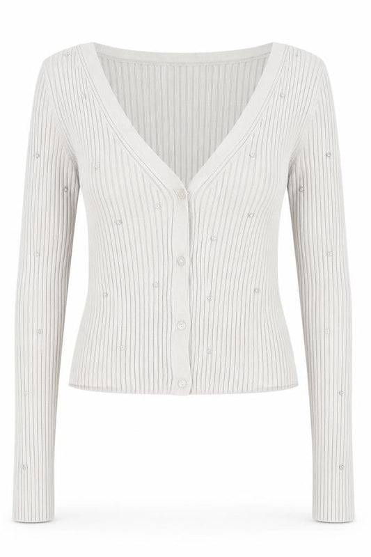 H&M Women’s Beige Beaded Ribbed V-Neck Cardigan Size M