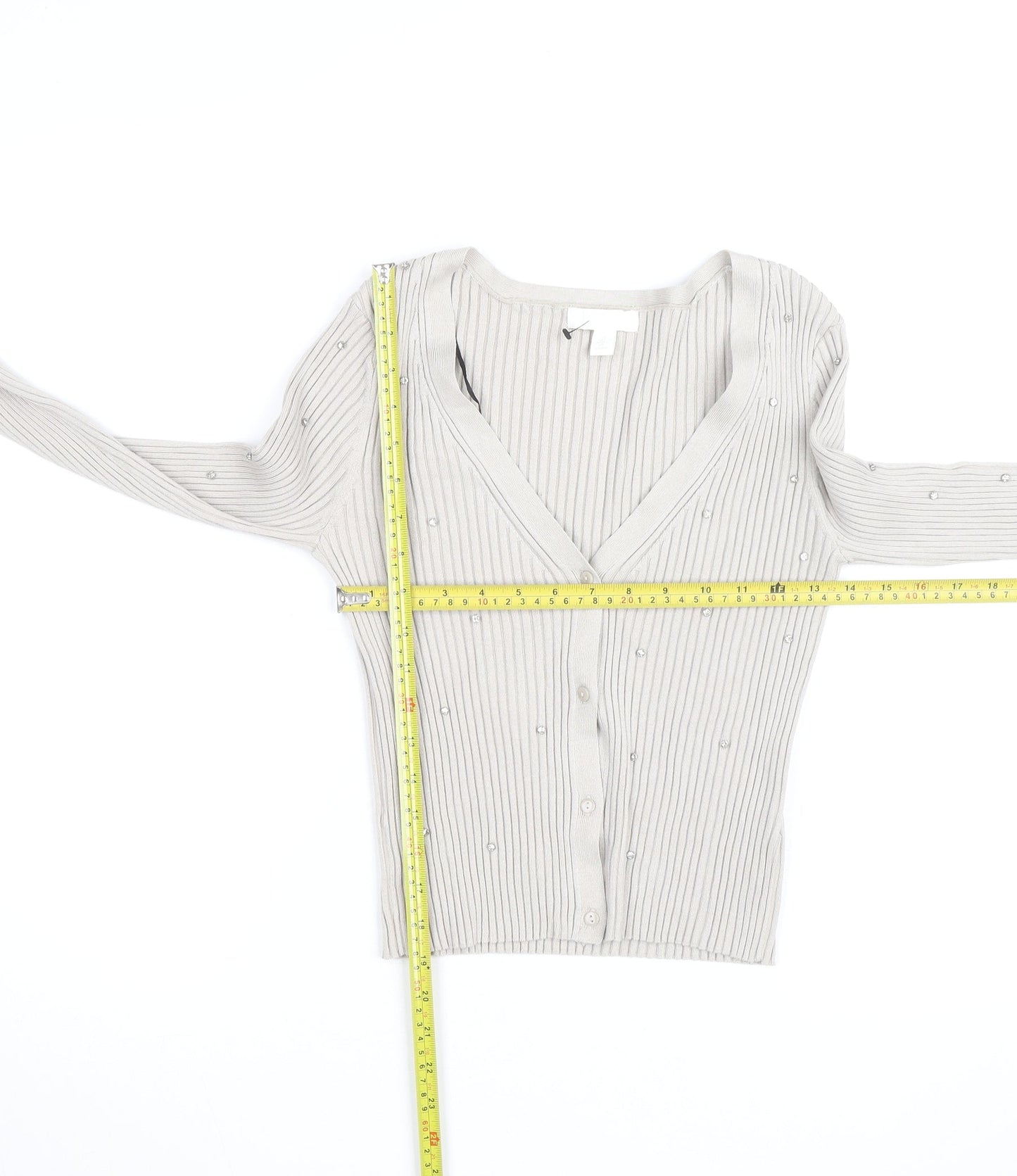 H&M Women’s Beige Beaded Ribbed V-Neck Cardigan Size M