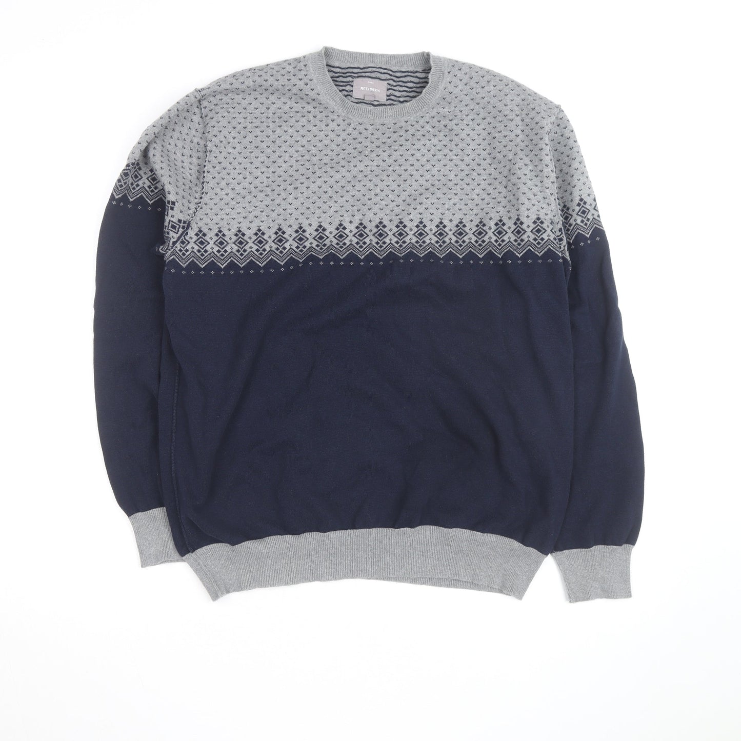 Peter Werth Men’s Blue & Grey Cotton Fair Isle Crew Neck Jumper XXL