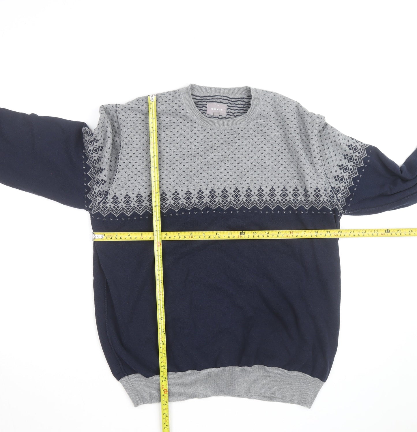 Peter Werth Men’s Blue & Grey Cotton Fair Isle Crew Neck Jumper XXL