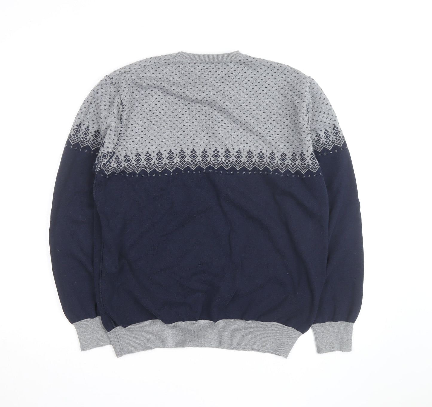 Peter Werth Men’s Blue & Grey Cotton Fair Isle Crew Neck Jumper XXL