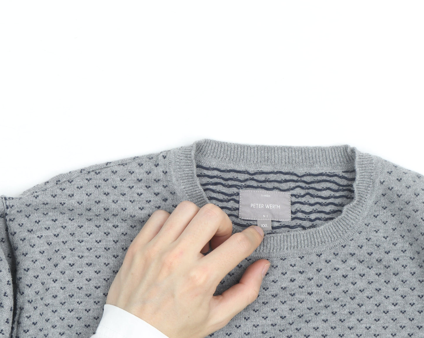 Peter Werth Men’s Blue & Grey Cotton Fair Isle Crew Neck Jumper XXL