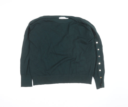 Warehouse Women Green Long Sleeve Boat Neck Button Jumper L