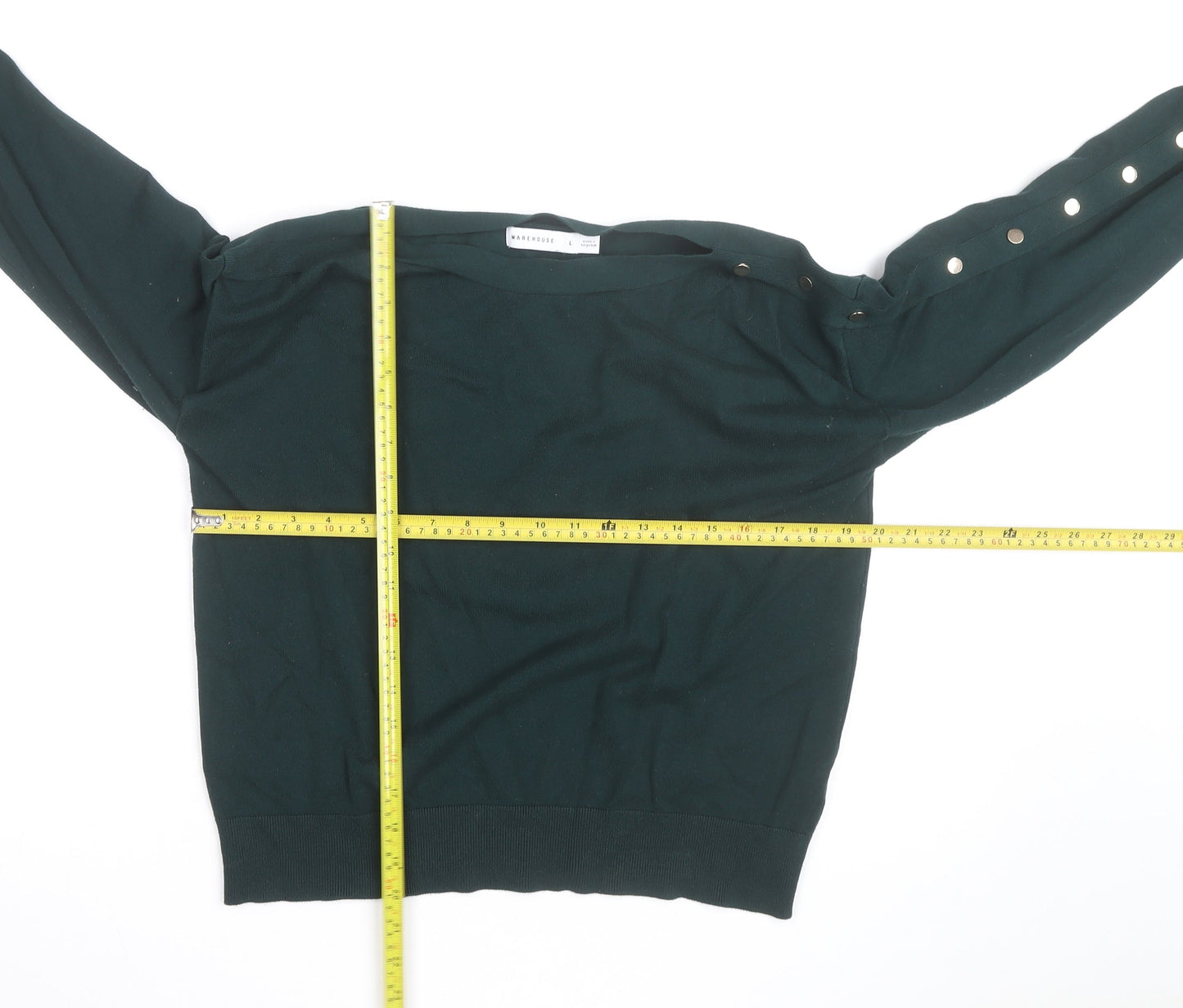 Warehouse Women Green Long Sleeve Boat Neck Button Jumper L