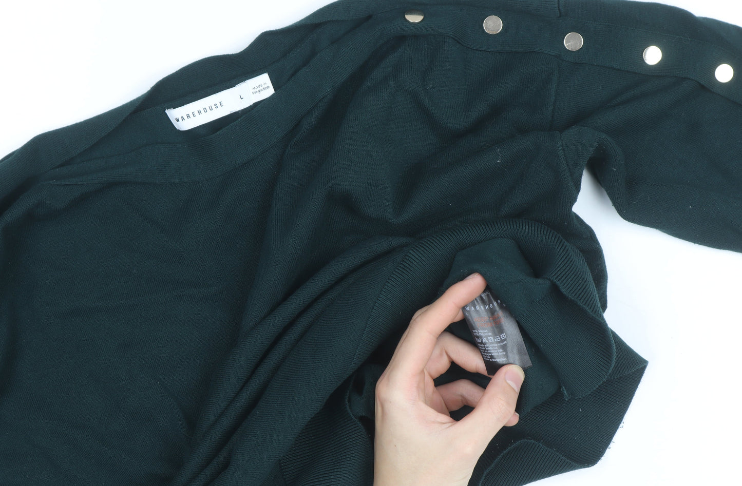 Warehouse Women Green Long Sleeve Boat Neck Button Jumper L