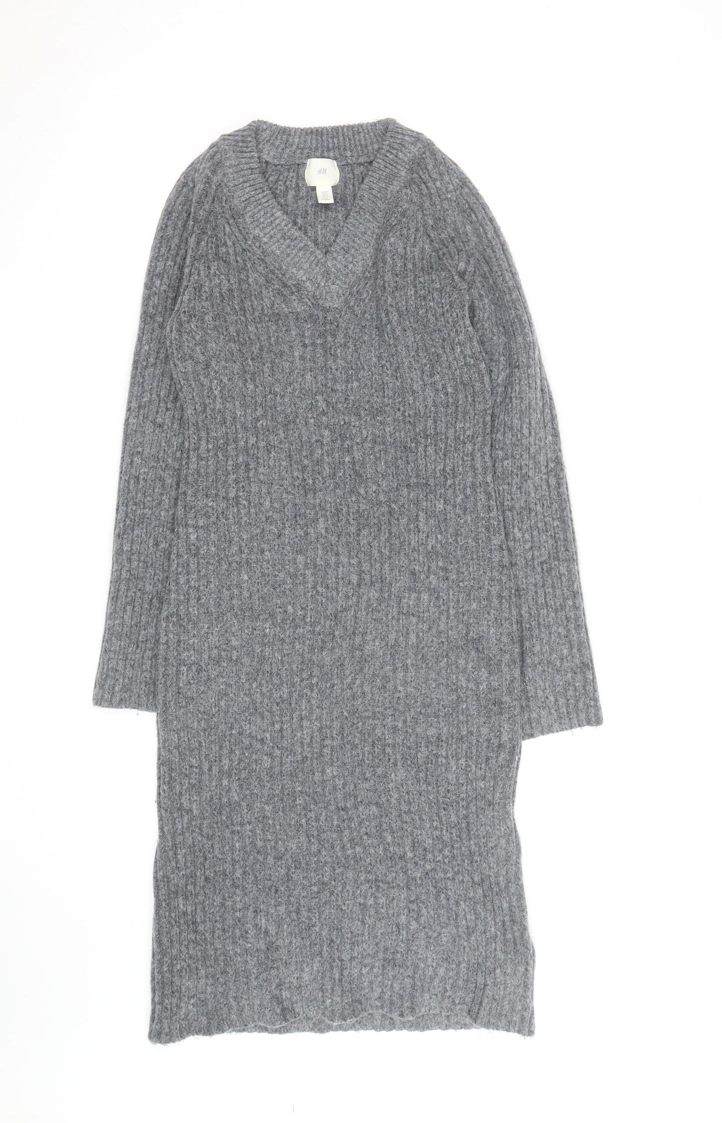 H&M Women’s Grey Knit V-Neck Long Sleeve Jumper Dress Size M