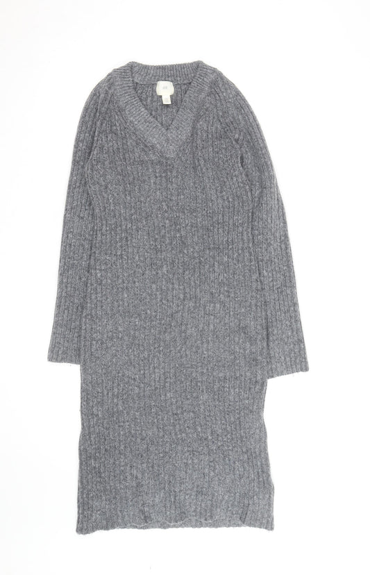 H&M Women’s Grey Knit V-Neck Long Sleeve Jumper Dress Size M